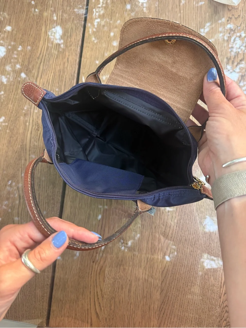 Longchamp Navy Blue Tote with Brown Leather Trim